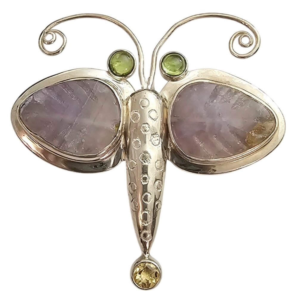 Echo of The Dreamer Sterling Dragon Fly Brooch Semi Precious Stone Pendant J353